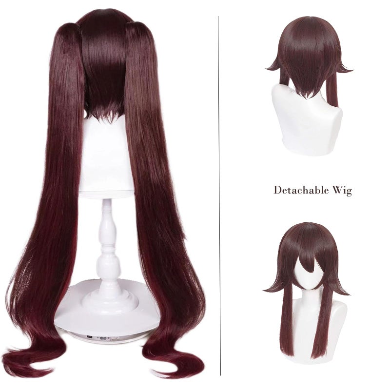 Half and Half Hu Tao Wig Long Brown Hu Tao Cosplay Wigs + Elf Ears + Hairnet  Women Girls Hutao Heat Synthetic Hair with Double Ponytails for Halloween Party Role Playing (Hutao) - Image 5